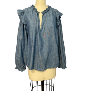 J.Crew Relaxed Fit Ruffle Neck Blouse 2X Soft Textured V-Neck